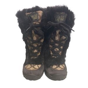 COACH Jeannie Signature Fur‎ Lined Boots Size 7B Mid Calf Brown & Black Size 7B